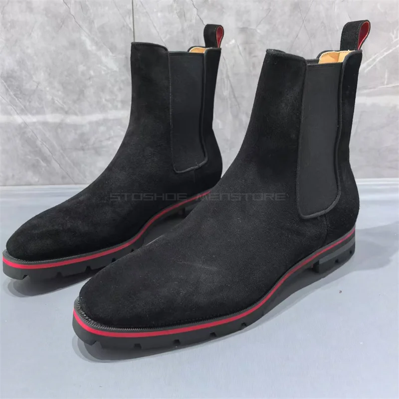 

Pointed Toe Chelsea Boots Men Black Suede Genuine Leather Short Boots Retro British Booties for Gentlemen Handmade Quality Shoes