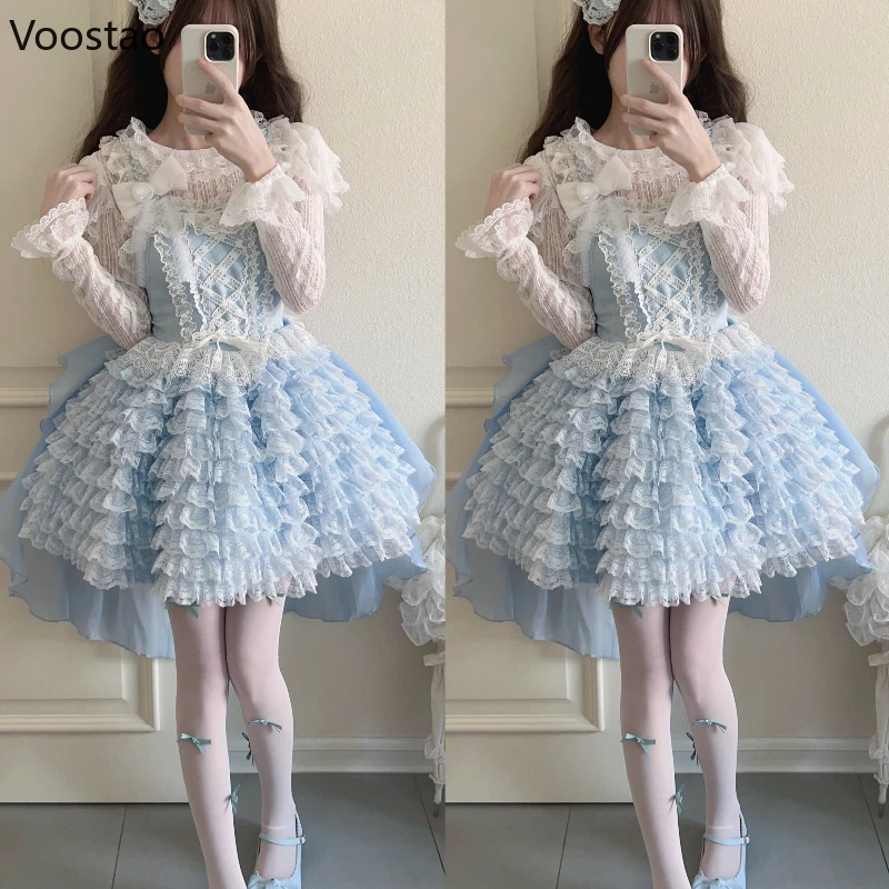 Süße Lolita Prinzessin Jsk Kleid Frauen Harajuku Kawaii Spitze Rüschen Mesh Kuchen Kleider Band niedlichen Trail ing Abend Party Vestidos