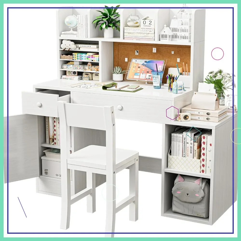 

Детский комплект: стол и стул с ящиками, шкафами для хранения и полками - прочная деревянная мебель для девичьей спальни