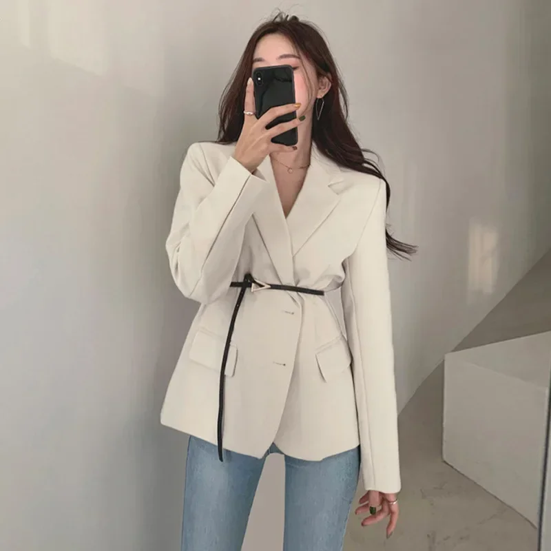 Two Buckles Long Sleeve British Style Solid Colors Blazers Loose Casual Suits with Sashes Women New Fashion Office Work Blazer