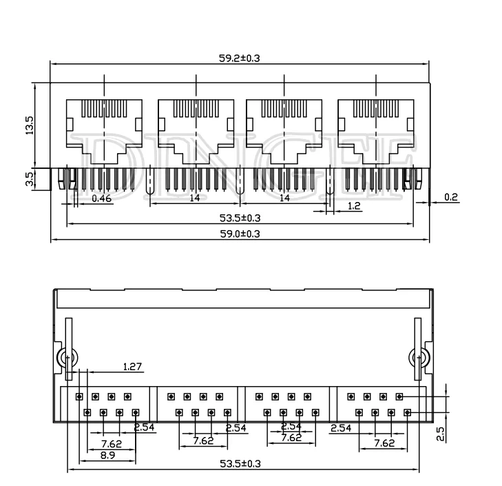 RJ45 59 Metal Female PCB Right Angle Board Jack Connector 8P8C Crystal Head Socket 21mm Network Interface Long bodies