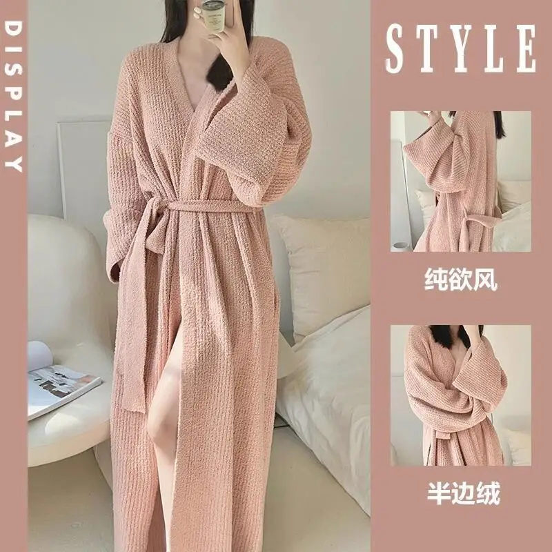 

Женский халат, пижамный комплект домашней одежды, однотонный мягкий кардиган премиум-класса для девочек, осенне-зимняя утолщенная ночная рубашка на флисовой подкладке