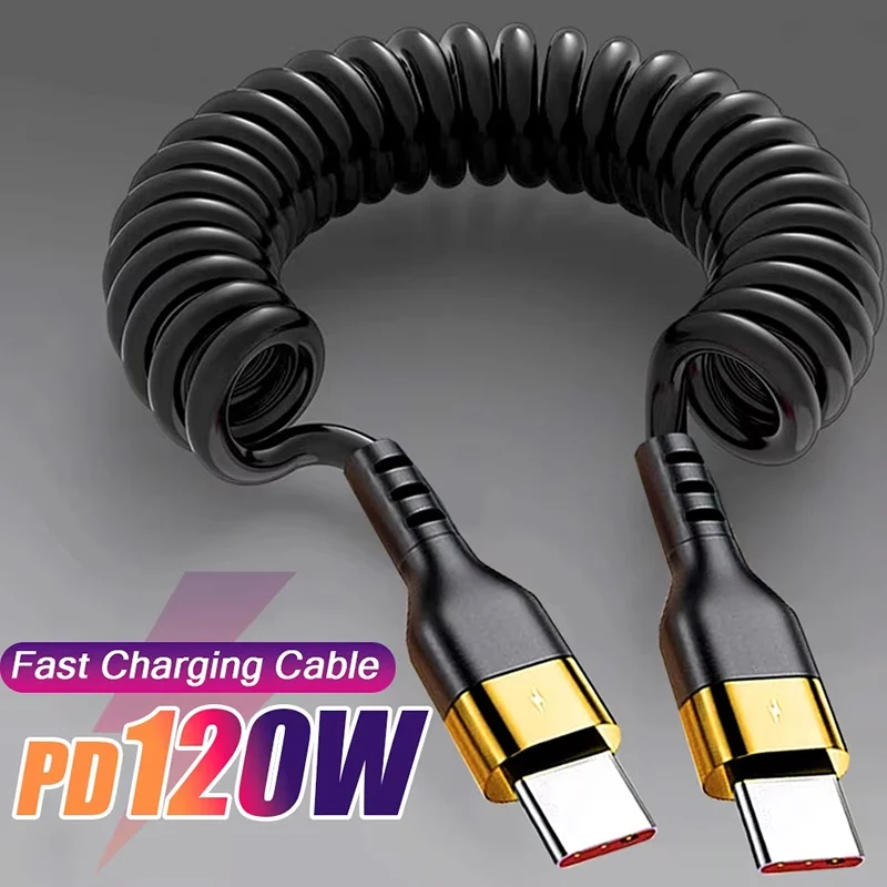 Dual Type-C Spring Cable PD 120W High-speed Quick Charging USB C To Type C Data Line Car Phone Cord For IPhone 17 16 15 Pro Max