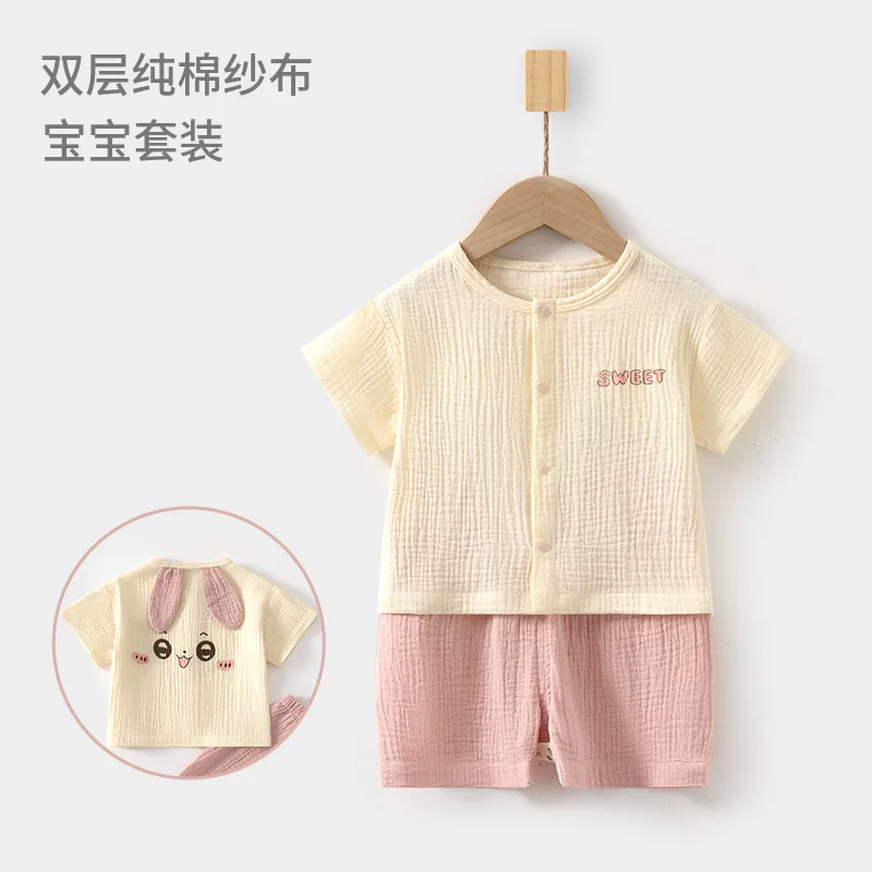 

Baby Cotton Pajama Sets Baby Homewear Short Sleeve Double Pure Top Shorts Children Summer Air Conditioning Room Clothes Girls