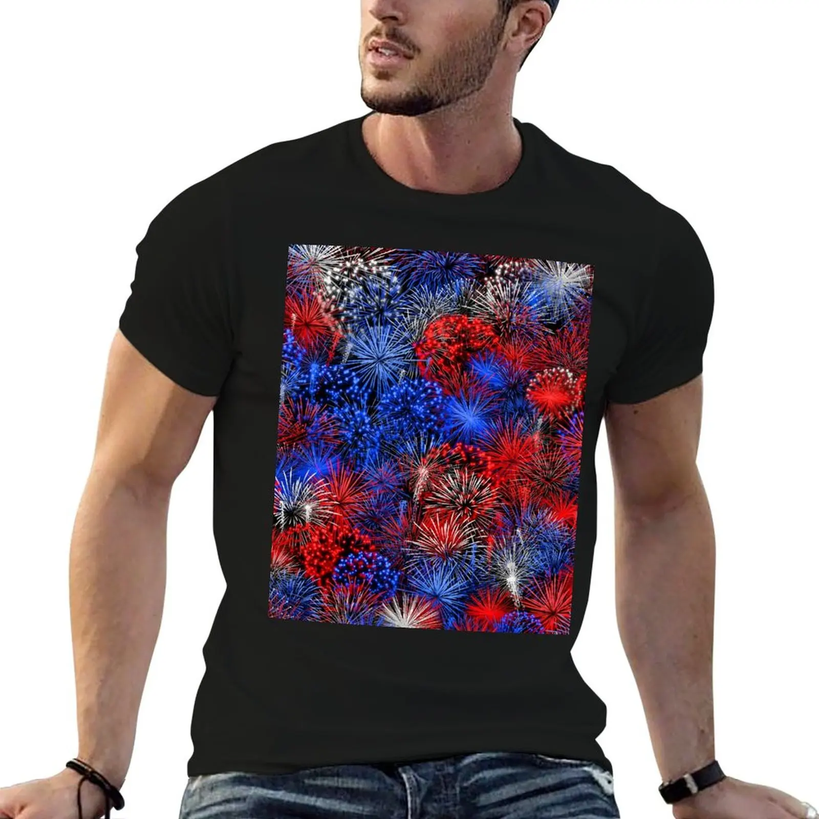 

Red blue white firework T-Shirt vintage anime shirt cotton man t-shirts customs oversized t shirts for men