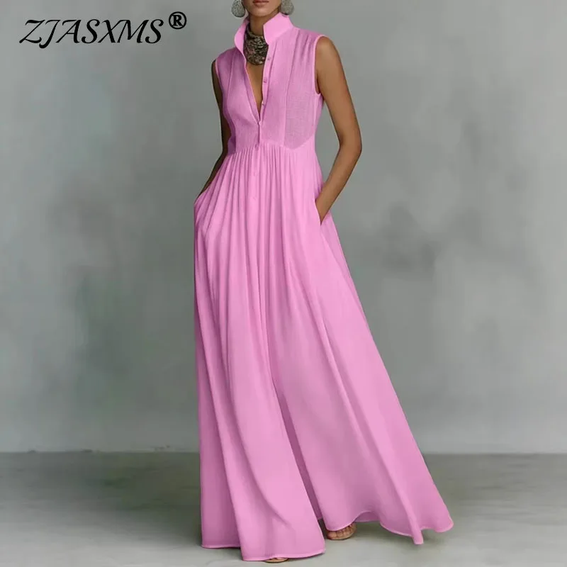 

Woman Elegant High Waist Solid Party Dress Summer Sleeveless Casual Dresses Bohemian Stand Collar Button Maxi Shirt Dress
