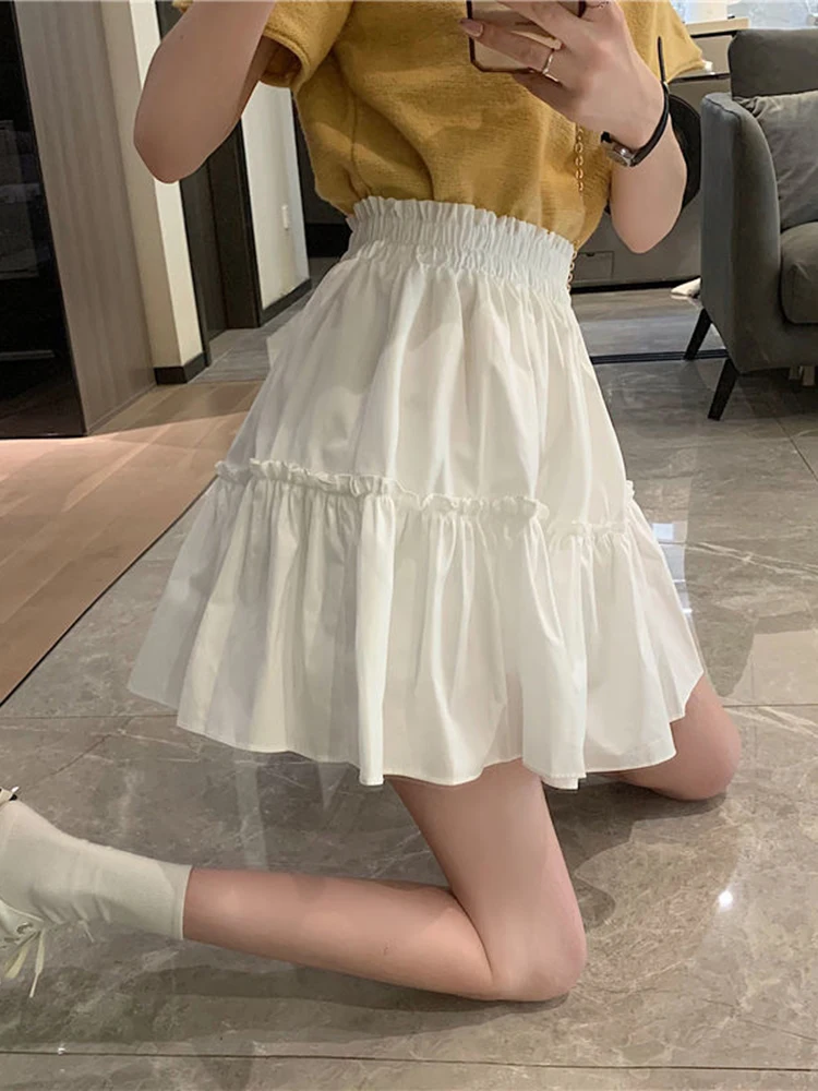 

Zoki Sweet Preppy Style White Mini Skirt Women Elegant Fashion High Waist A Line Skirt Korean All Match Loose Summer Skirt New