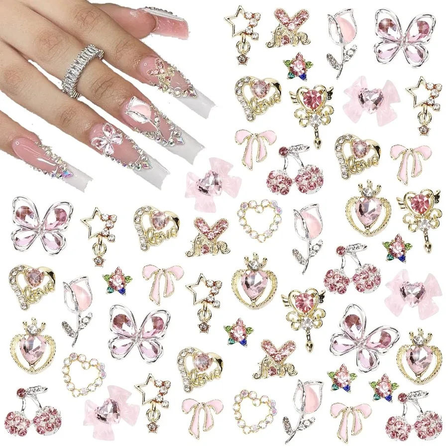 

24PCS Nail Charms Y2k Alloy Nail Art Rhinestone Charms 3D Heart Star Bow with Rhinestones Cherry Nails Gems Shiny Jewelry Nails