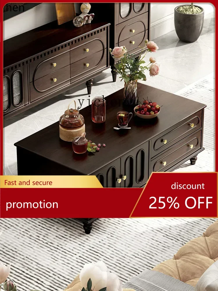 

ZMLretro all-solid wood coffee table living room home simple small apartment TV cabinet combination