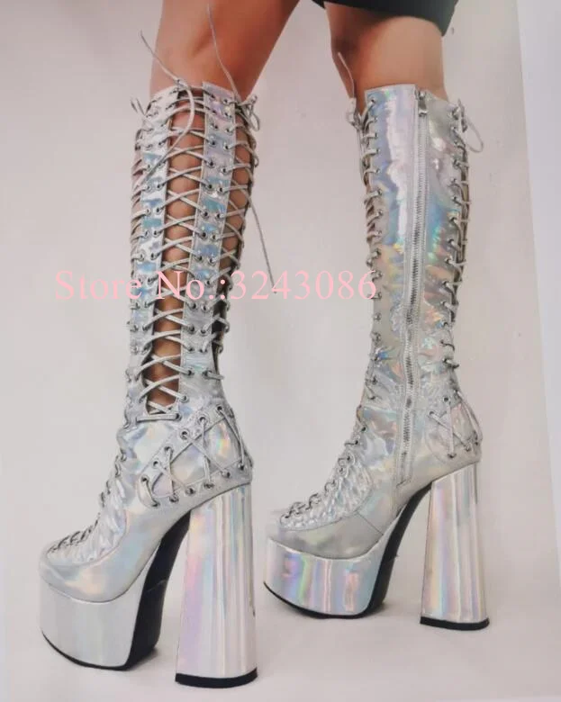 

Hollow Out Shining Silver Pink Sandals Boots Woman Fashion Chunky Heel Platform Lace-up Sandals Newest Lady Banquet Shoes