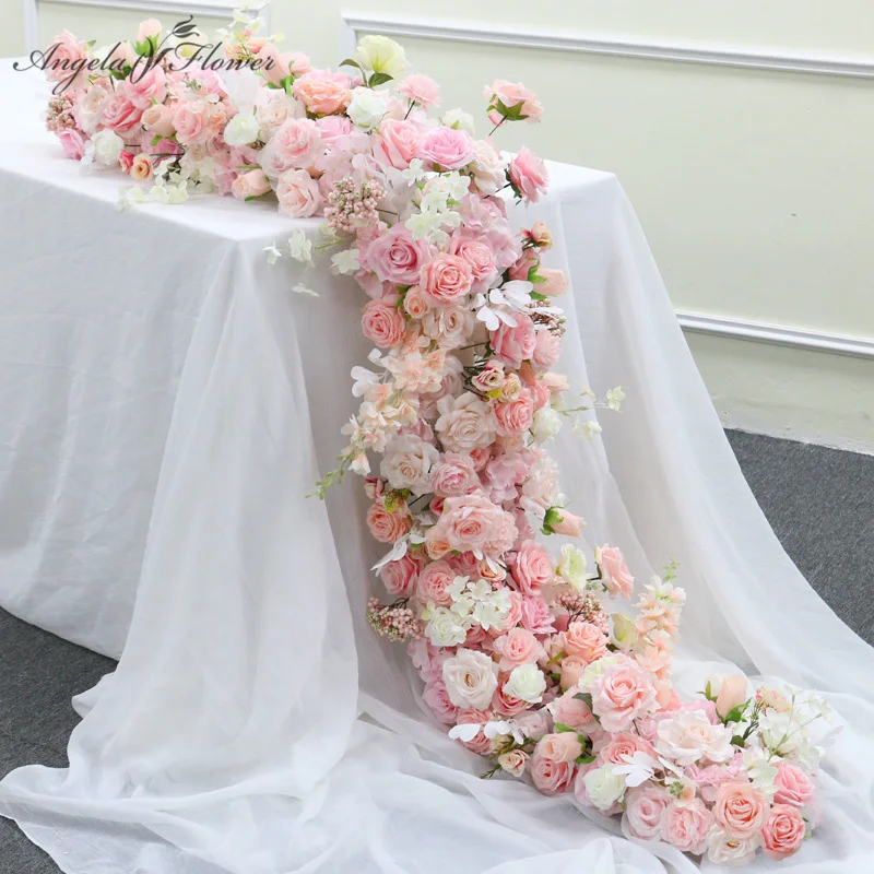 White Wedding Backdrop Decor Rose Floor Flower Runner Event Table Centerpieces Ball Pink Floral Strip Arrangement Party Props