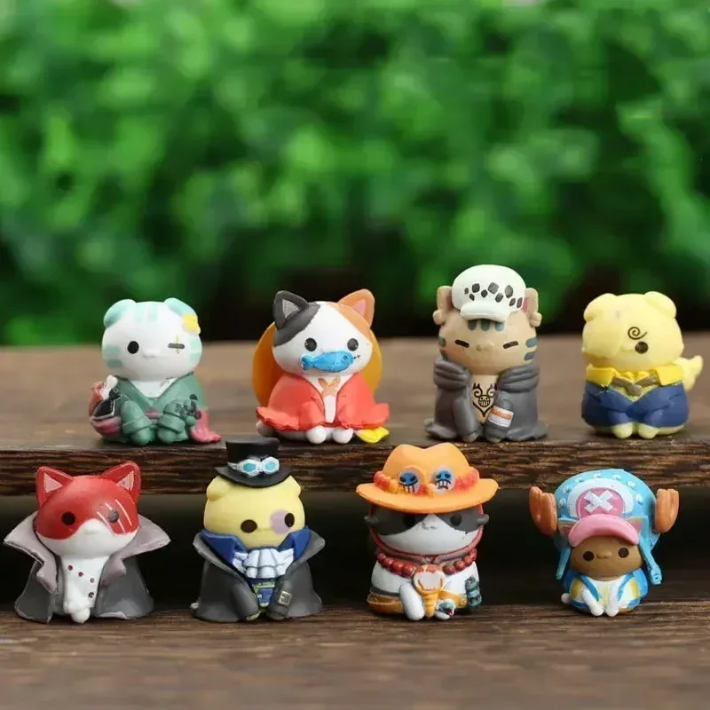 8Pcs/set Anime One Piece Luffy Figure Zoro Cat Shape Ace Q Version Sabo Desktop Shanks Ornaments Toys Collection Gift Mockup