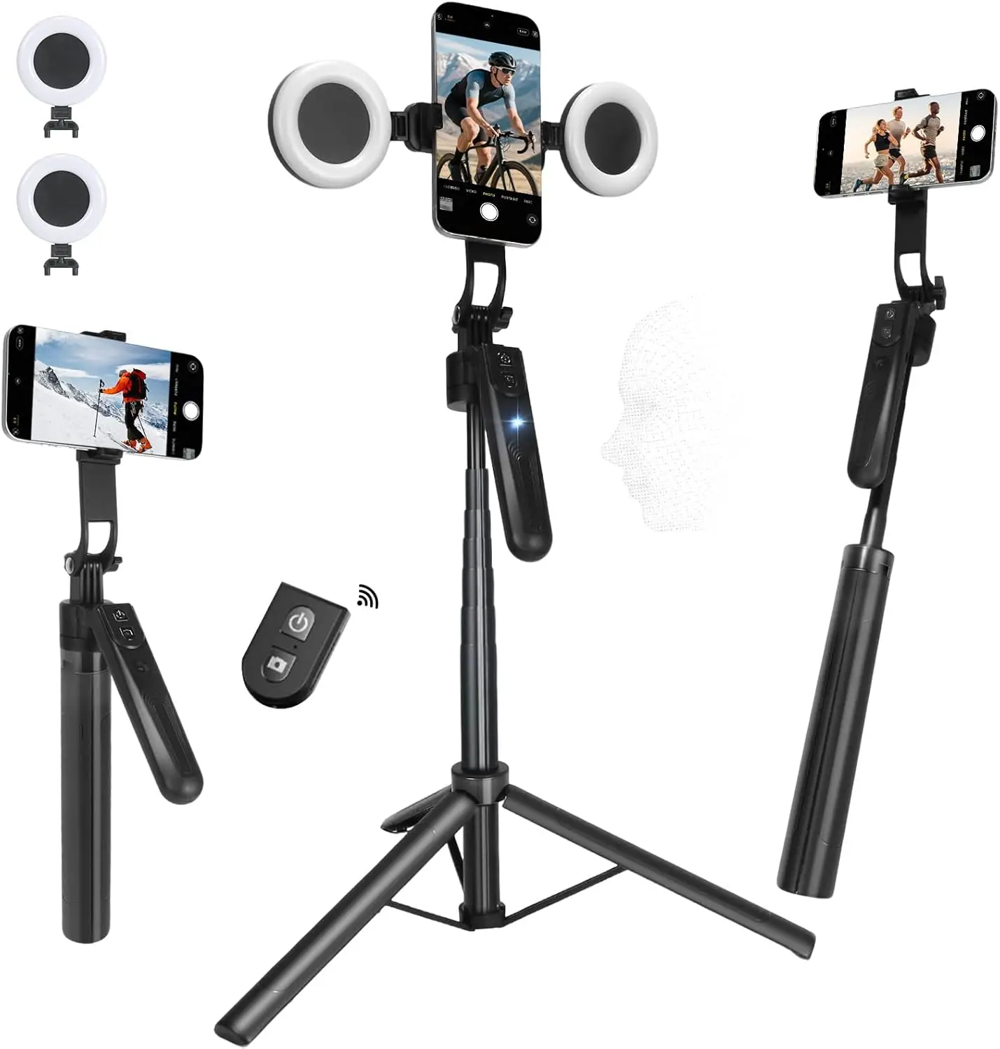 Auto Face Tracking Tripod for Smartphones, 360° Rotating with LED Lights, Extendable Selfie Stick for Video and Live Streaming