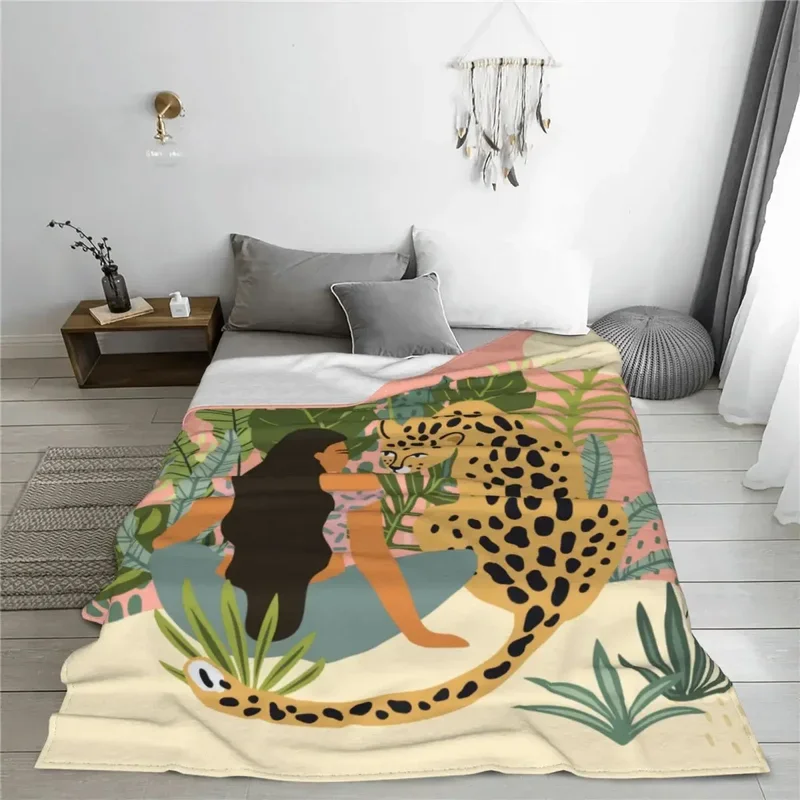 Jungle Forest Animal Aesthetic Art Blankets Oil Painting Tropical Plants Flannel Throw Blankets for Bedding Lounge All Season