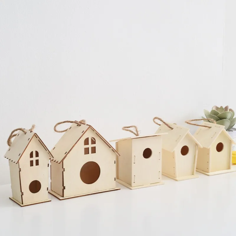 DIY Bird Wood House with Lanyard Outdoor Handmade Accessory Pet Supplies Hanging Birdhouse for Outside Balcony