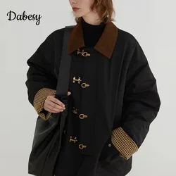 Vintage Corduroy Turn-down Collar Patchwork Jacket Coat Women Autumn French Design Metal Button Loose Parka Female Casual Outwea