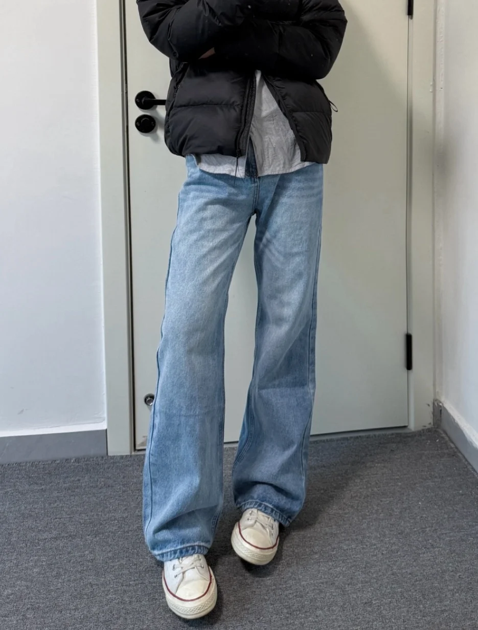 

Retro American Vibe adient Waed Blue Jeans Men's Straight Leg Slim Fit Bell Bot Youthful Sle School Commute Casual