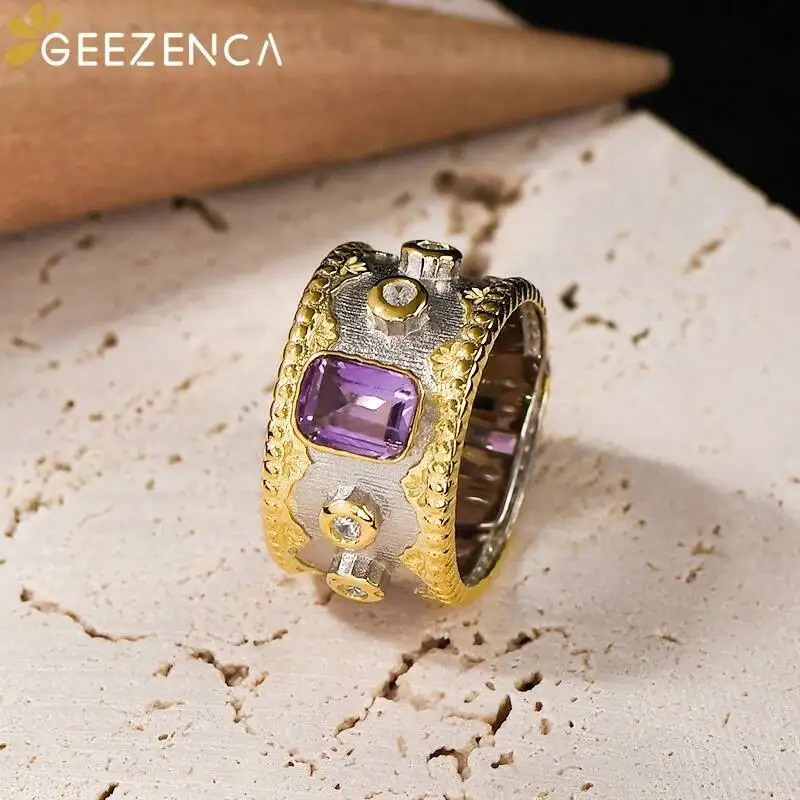 GEEZENCA Natural Amethyst 925 Silver Two Tone Chunky Rings Luxury Cocktail Ring Clearance Limited Stock First Come First Get