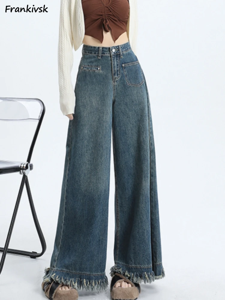 

Jeans Women Autumn Tassel Vintage Nostalgic Baggy All-match Mopping Korean Style Hotsweet High Street Aesthetic Denim Trousers