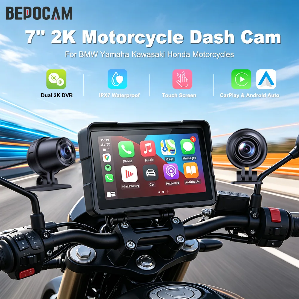 BEPOCAM 7'' 2K DVR Motorcycle Wireless CarPlay Android Auto Screen IPX7 Waterproof Dashcam Front Rear Camera Moto GPS Navigation