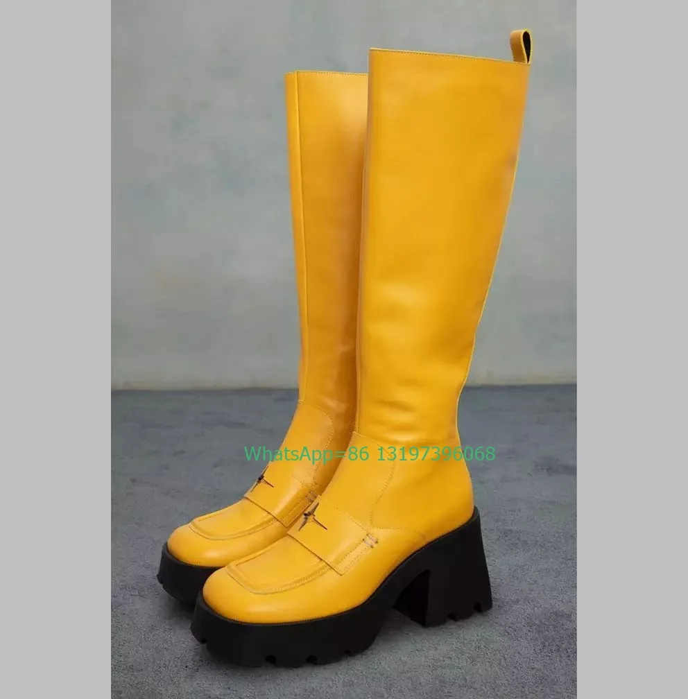 

Lady Yellow PU Platform Runway Knee Boots New Arrive Chunky Heel Side Zip Running Shoes Boots Causal Office Lady Boots Size 46