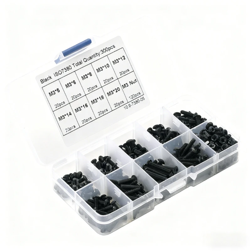 300Pc M3 screw set black carbon steel Allen Hexagon Hex Socket cap Button pan Head Screw Bolt Nut Kit M3*5/6/8/10/12/14/16/18/20