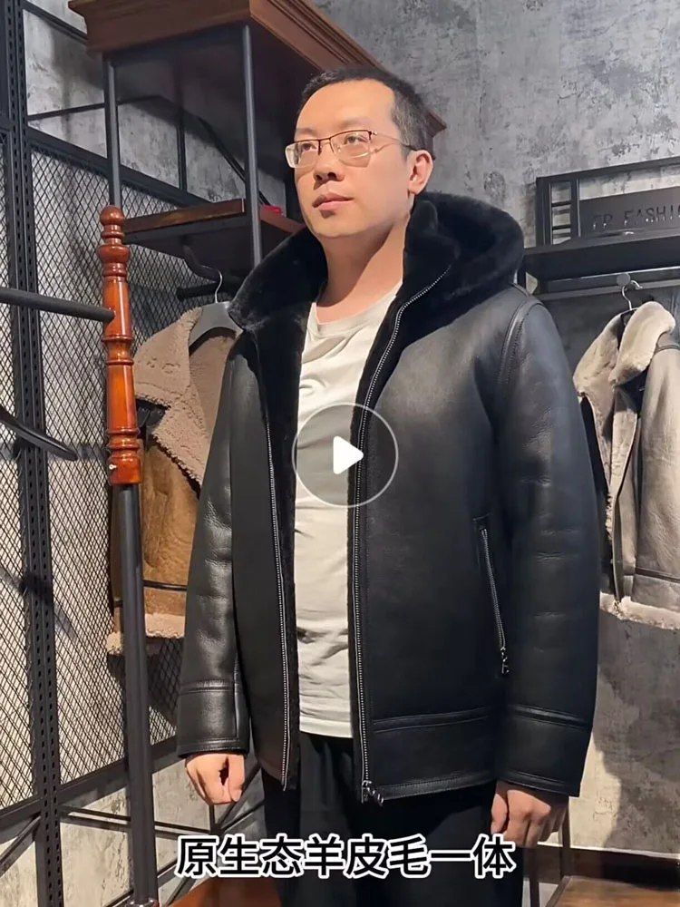 2024 New Fashion Men Genuine Leather Coat Natural Sheepskin Shearling Jacket for Male Black with a Hood EUR52 54 56 58 60 62 64