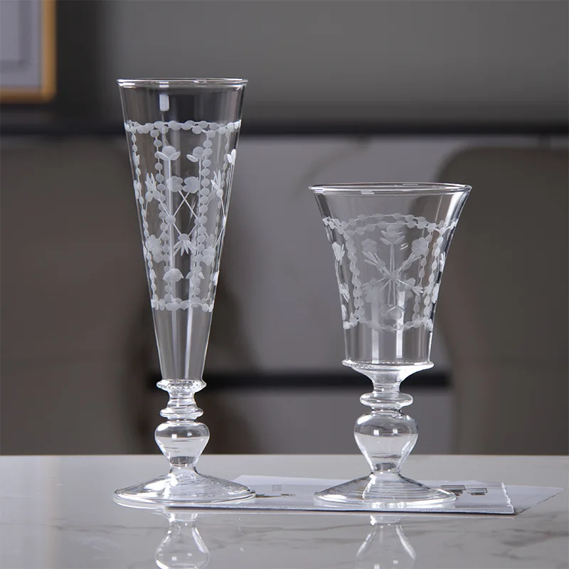 Creative High Footed Glass Cup, Cold Drink Juice Cups, Engraved Champagne Cocktail Glass, High Temperature Resistant Tea Cup