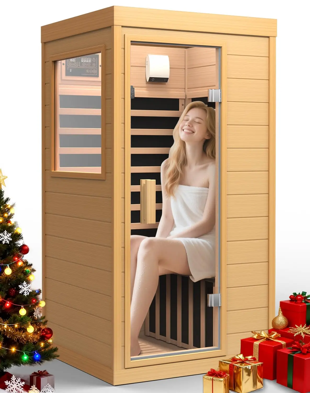 

Sauna Infrared Sauna, Hemlock 1 Person Dry Sauna with Backrest, 1062W Fast Heating Low EMF Sauna with 5 Carbon, Customized