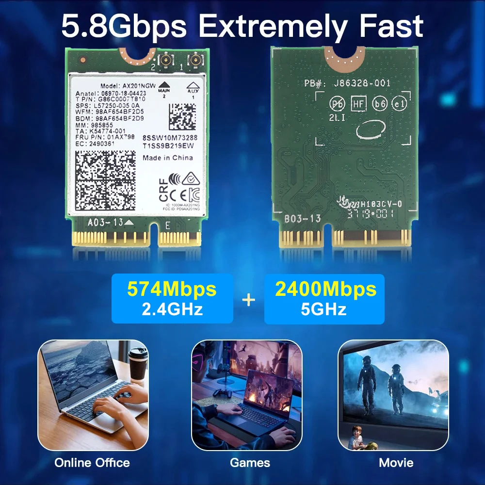 Dual Band 2.4Ghz 5Ghz 3000Mbps WiFi Card Wireless Wi-Fi 6 Adapter AX201NGW Bluetooth 5.1 M.2 NGFF Key E CNVio 2 for Win10