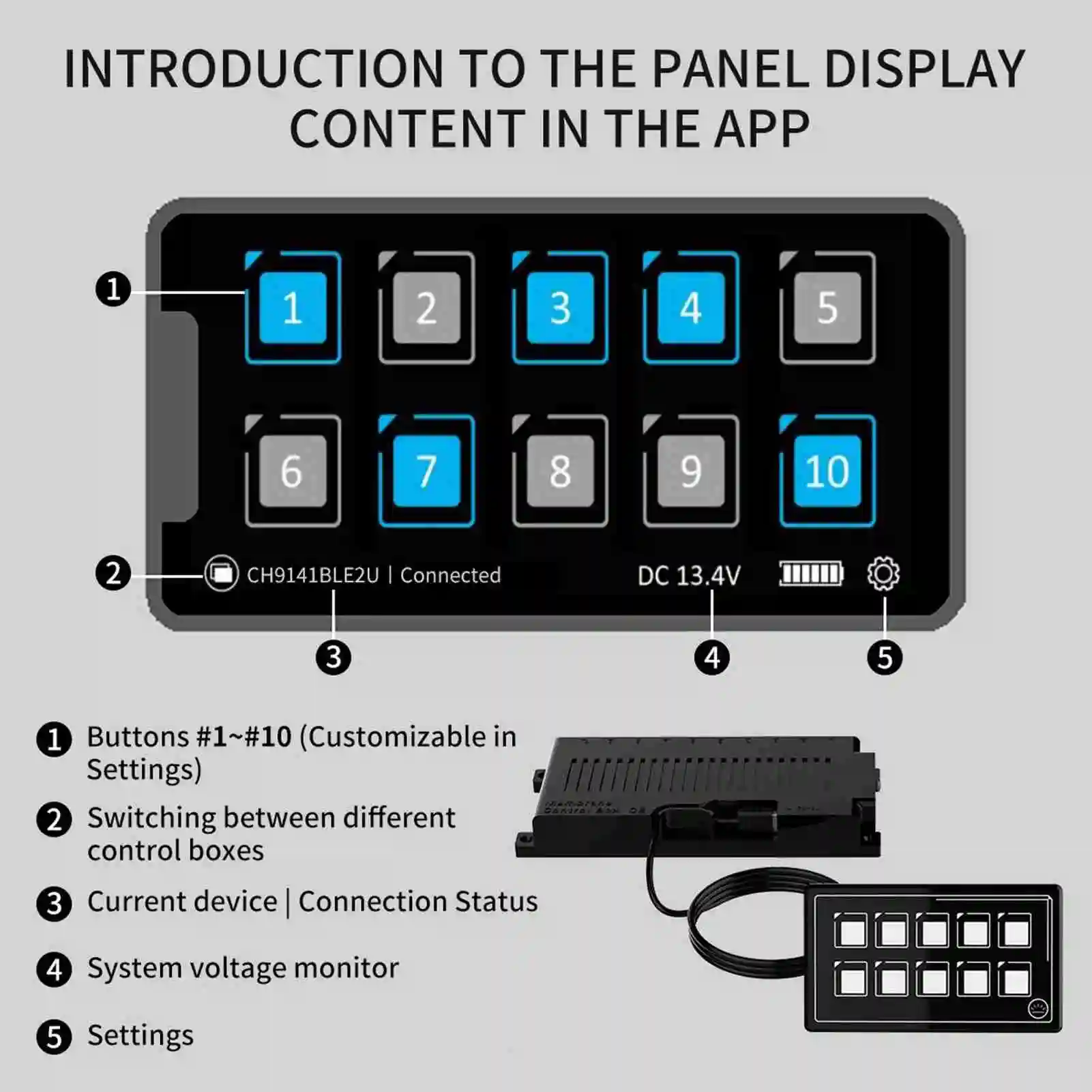 10P Membrane Control Switch Panel Bluetooth APP Control with Backlight Module LED Touch Built‑in PPTC for RV Boat