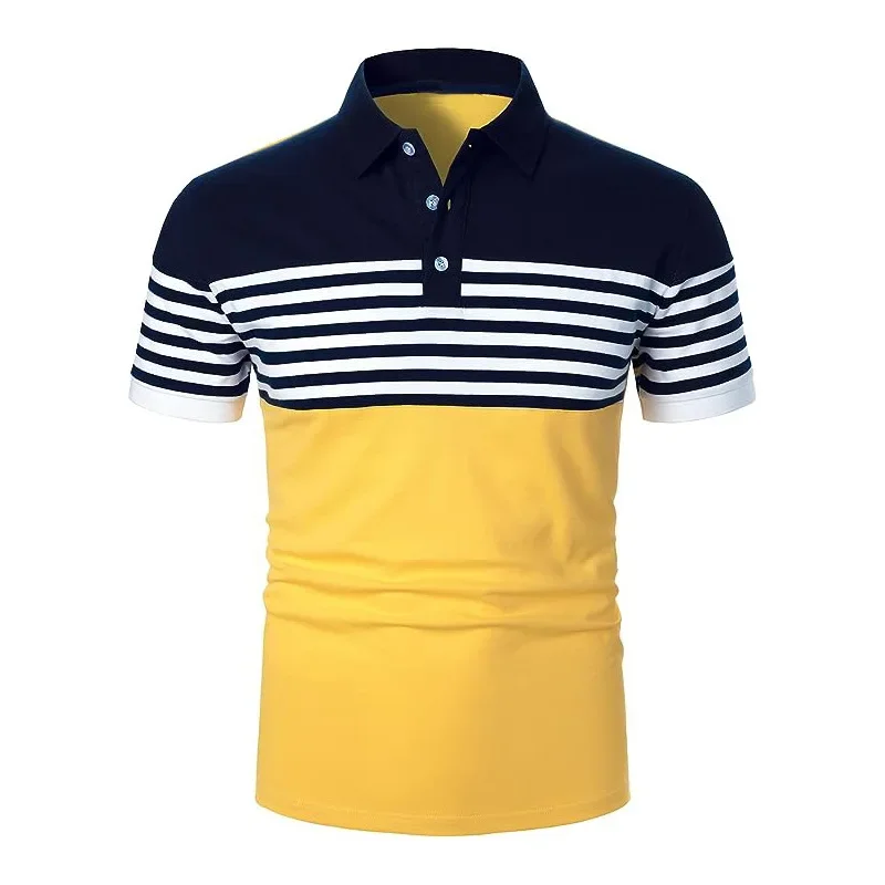 LIBIELIY Summer Men's Striped Polo Shirts Short Sleeve Patchwork Fashion Business Casual Polos Male Turn Down Collar Pull On Tee