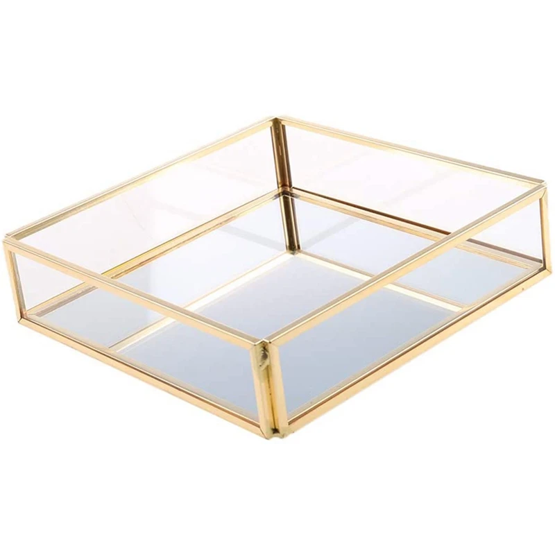 Golden Geometric Mirror Jewelry Tray, Cosmetics Jewelry Glass Storage Tray, Jewelry Crafts (Random Style)