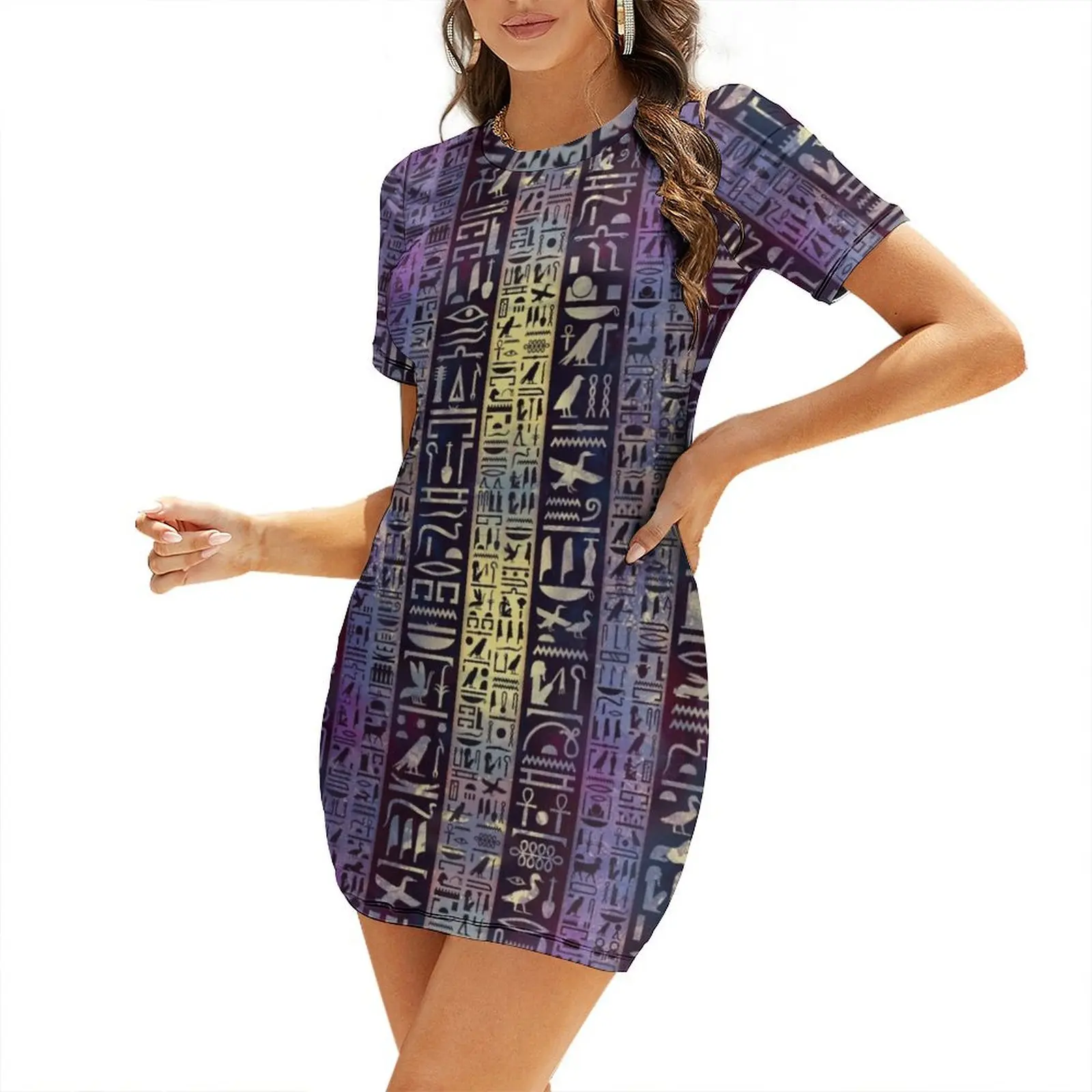 Egyptian hieroglyphs on purple violet painted texture Short Sleeved Dress dresses with long sleeves Dress