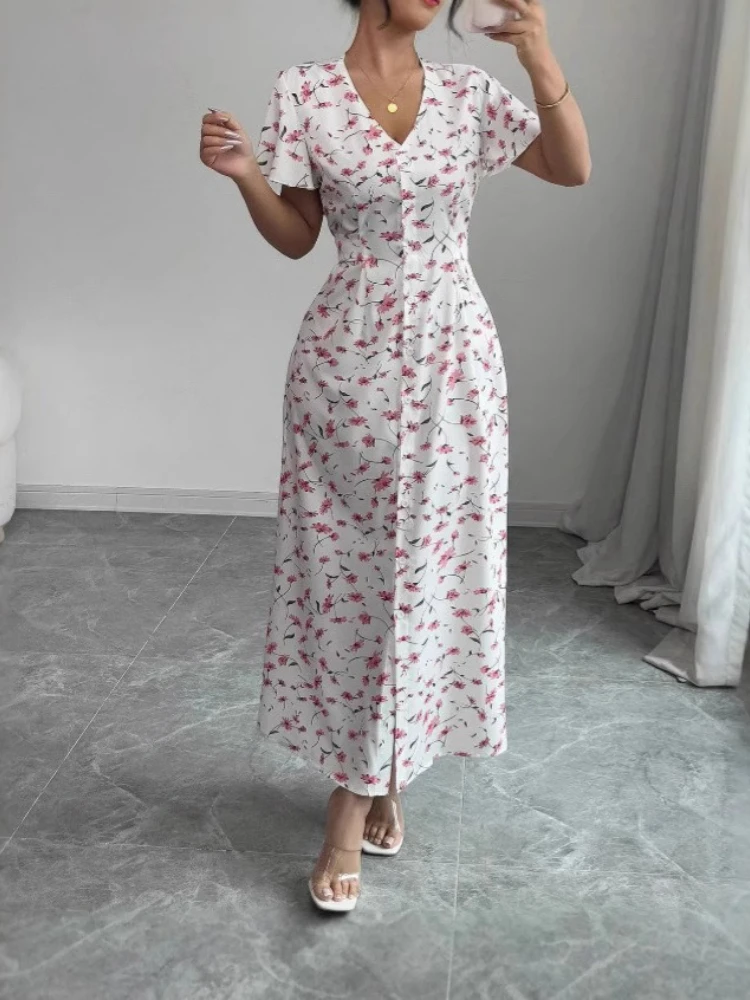 Summer New Style Advanced Feeling Dress Printing Design Short Sleeved Long Skirt Sweet V Neck Commute Waist Hugging Dress