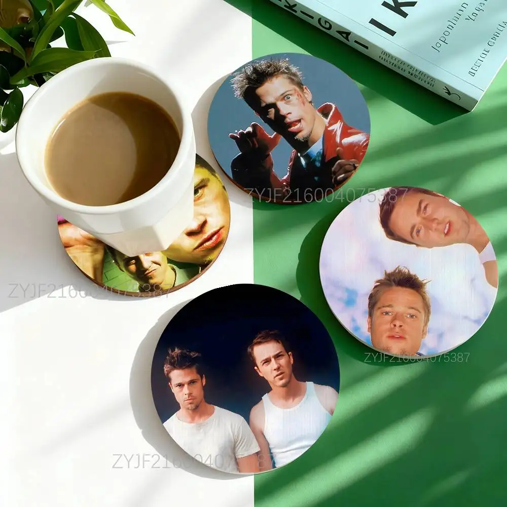 

Movie F-Fight Club Round Wooden Coasters Heat Resistant Non-slip Drink Cafe Decoration 2D Flat Color Print Coasters Set