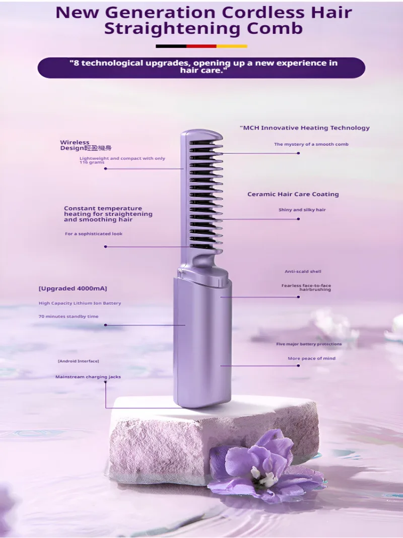 Home Mini Portable Wireless Straight Hair Comb USB Charging Straight Roll Dual-use Comb