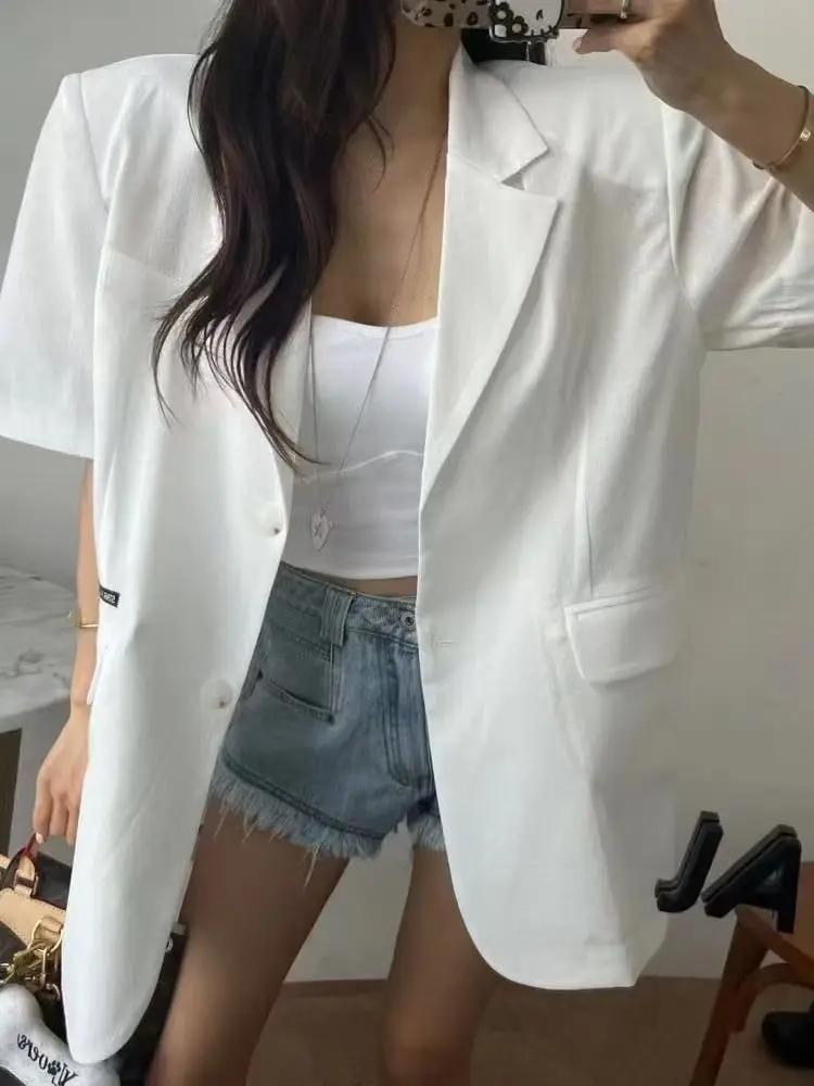 

Commute Versatile ort Sve Suit Jaet Women Summer Simple Thin Loose Ba Slit Turn-down Collar Western Sle Top