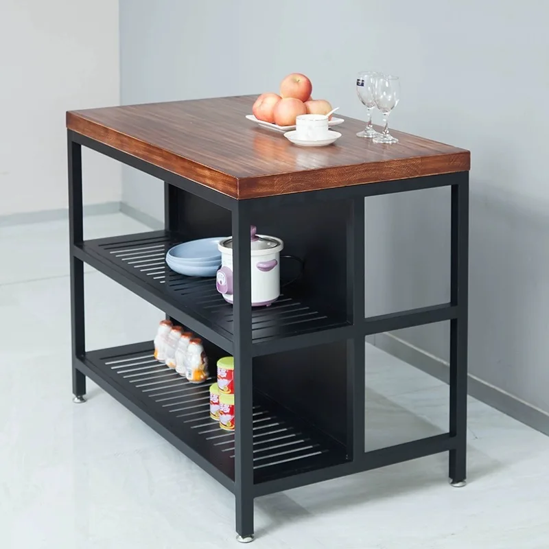 Kitchen island table solid wood dining side cabinet wrought iron retro table cooking table oven cabinet storage console