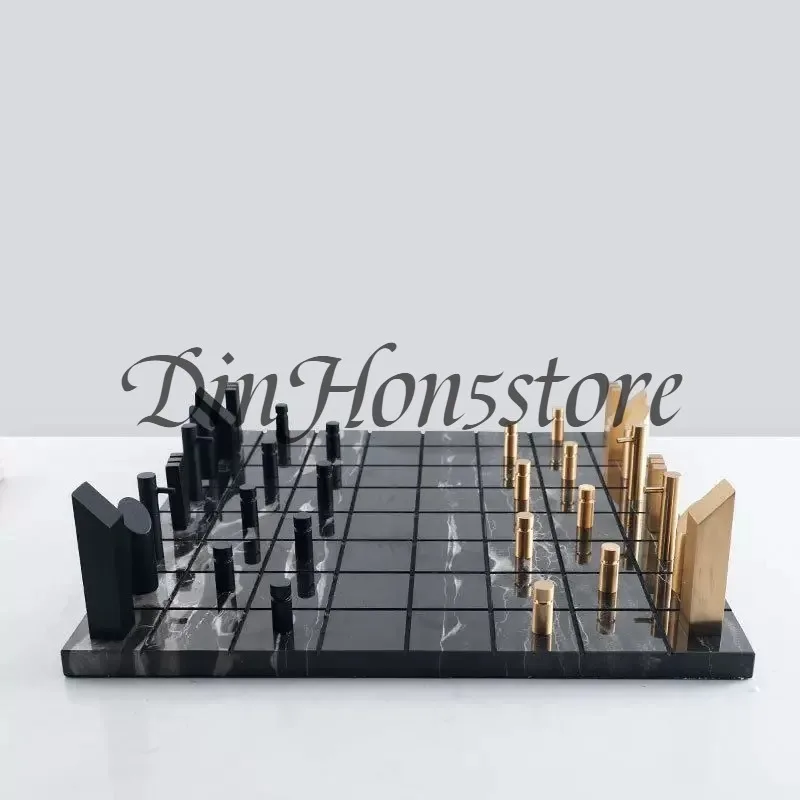 Golden Metal Chessboard with Marble Squares, Geometric Check King Game, Home Decor