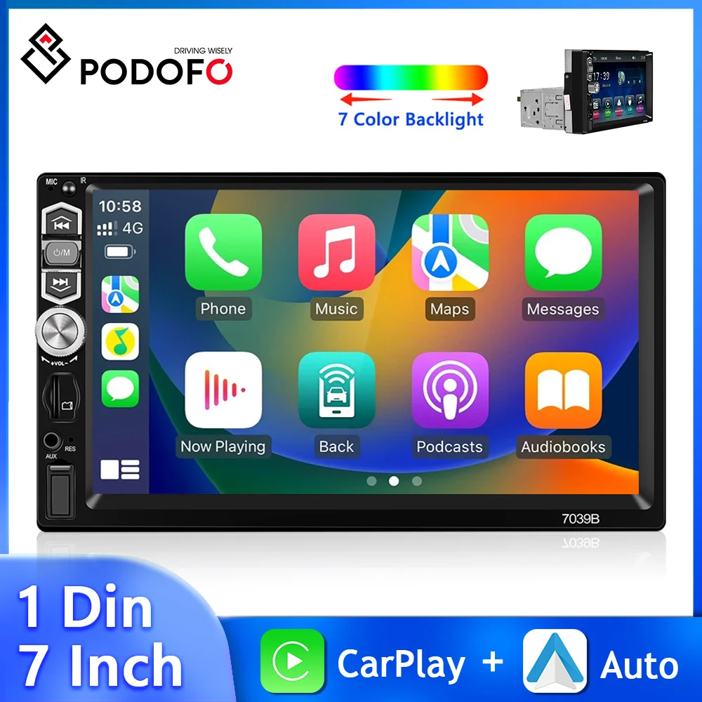 

Podofo 7Inch Car Radio Wireless Carplay Android Auto Automotive Multimedia 1Din MP5 With MIC Car Stereo Bluetooth FM Mirror Link