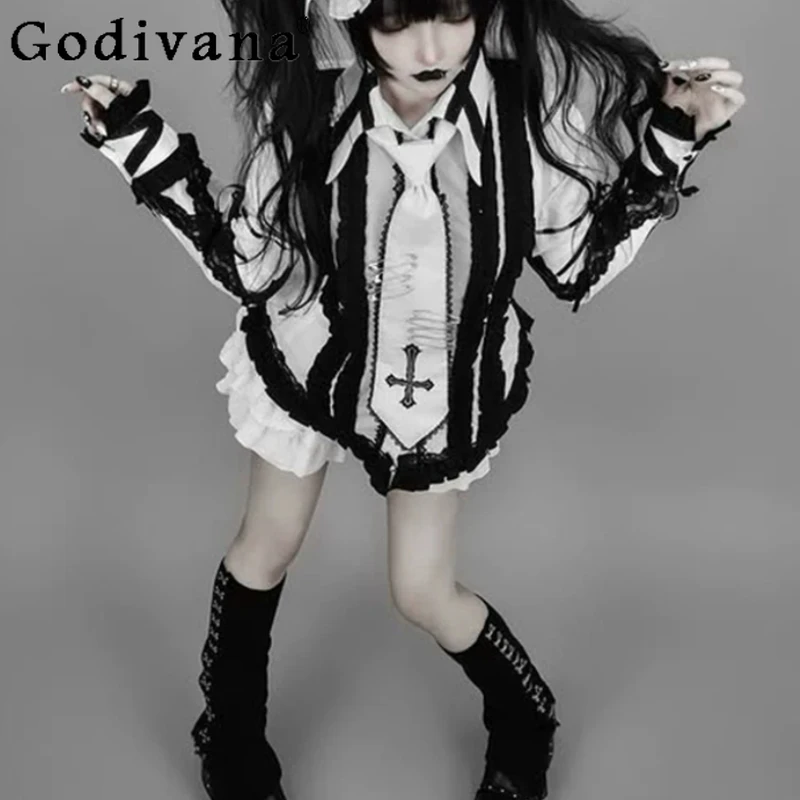 

Spring Large Size Dark Gothic Lolita Embroidered Bow Tie Shirt Fashion Slim-fit Versatile Handsome Versatile Long Sleeve Shirt