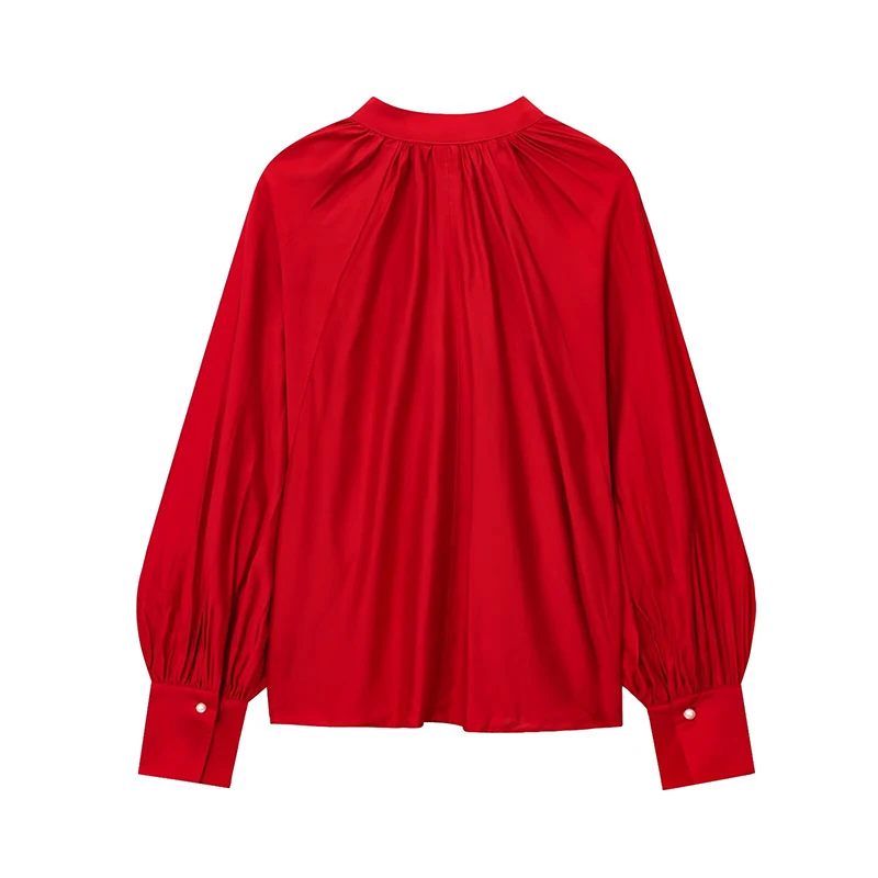 YENKYE 2025 Women Black Red V Neck Lantern Sleeve Blouse Vintage Loose Autumn Tops