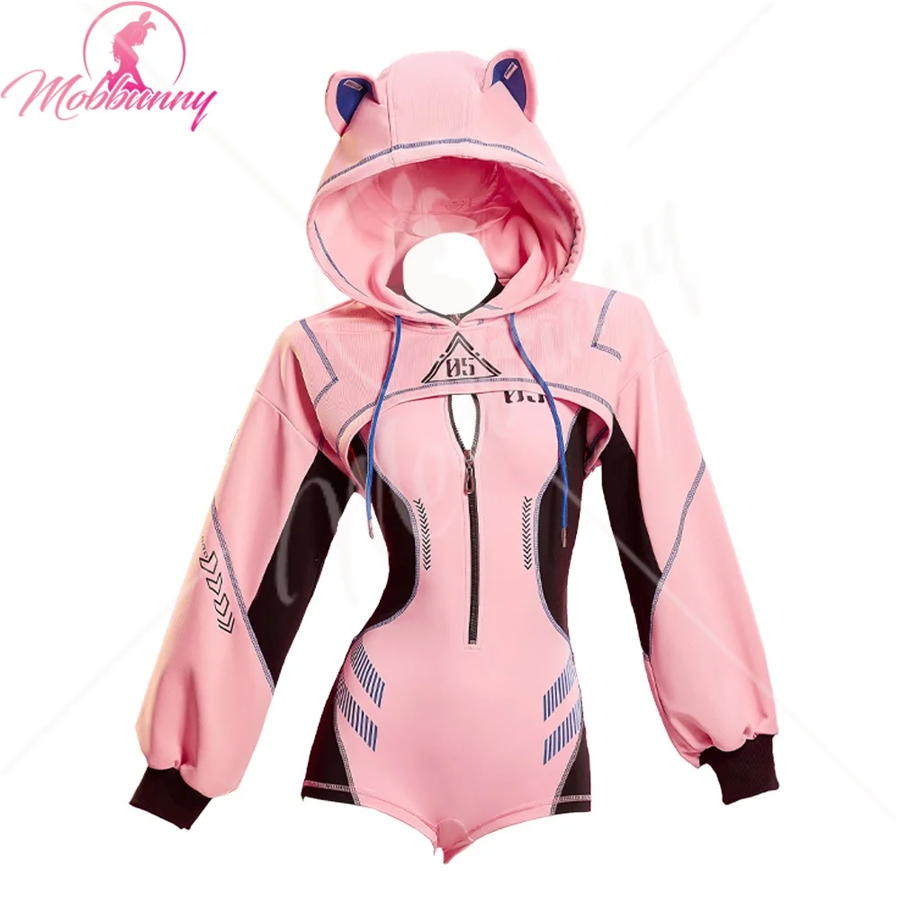 

Mobbunny Women Anime Derivative Cosplay Costume Cyberpunk Style Sportswear Pink Tight Bodysuit with High Cutout Hoodie