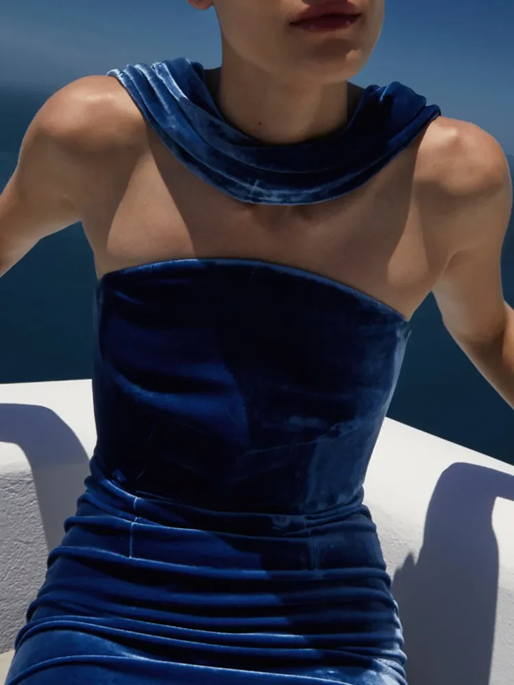 2025 New Chic Luxury Women Celebrity Sexy Tank Velvet Blue Maxi Long Gowns Dress Elegant Evening Party Club Vestido