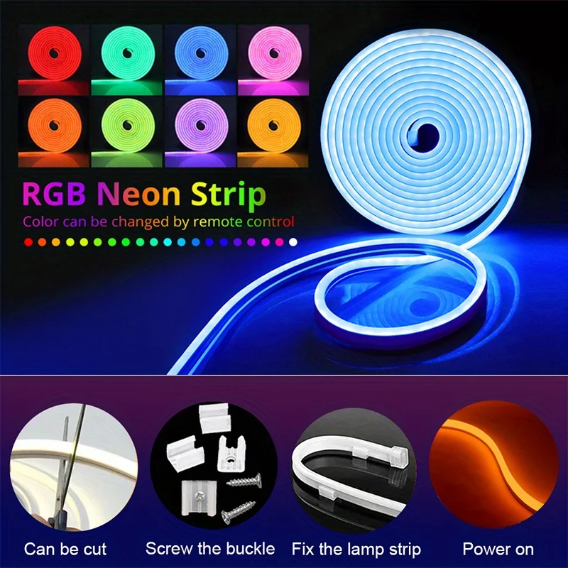 USB 5V RGB Neon LED Rope Lamp SMD 3535, Multi Colour Changing Flexible LED Strip with 24 Keys IR Remote Control, Easy DIY