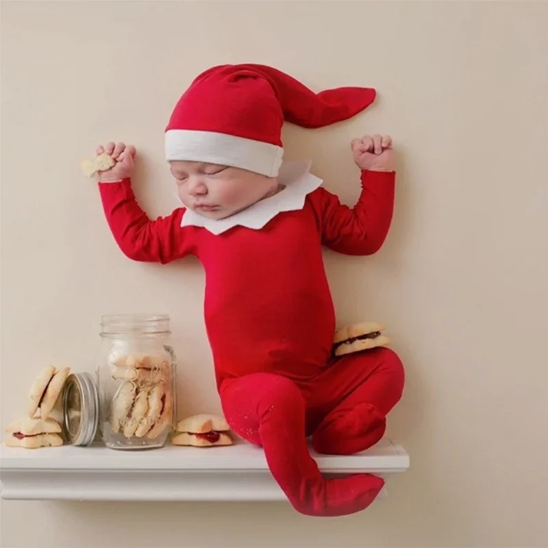 3PC/Set Newborn Photography Props Clothing Christmas Theme Red Romper+White Collar+Long Tail Hat Set Baby Photo Shooting Outfits