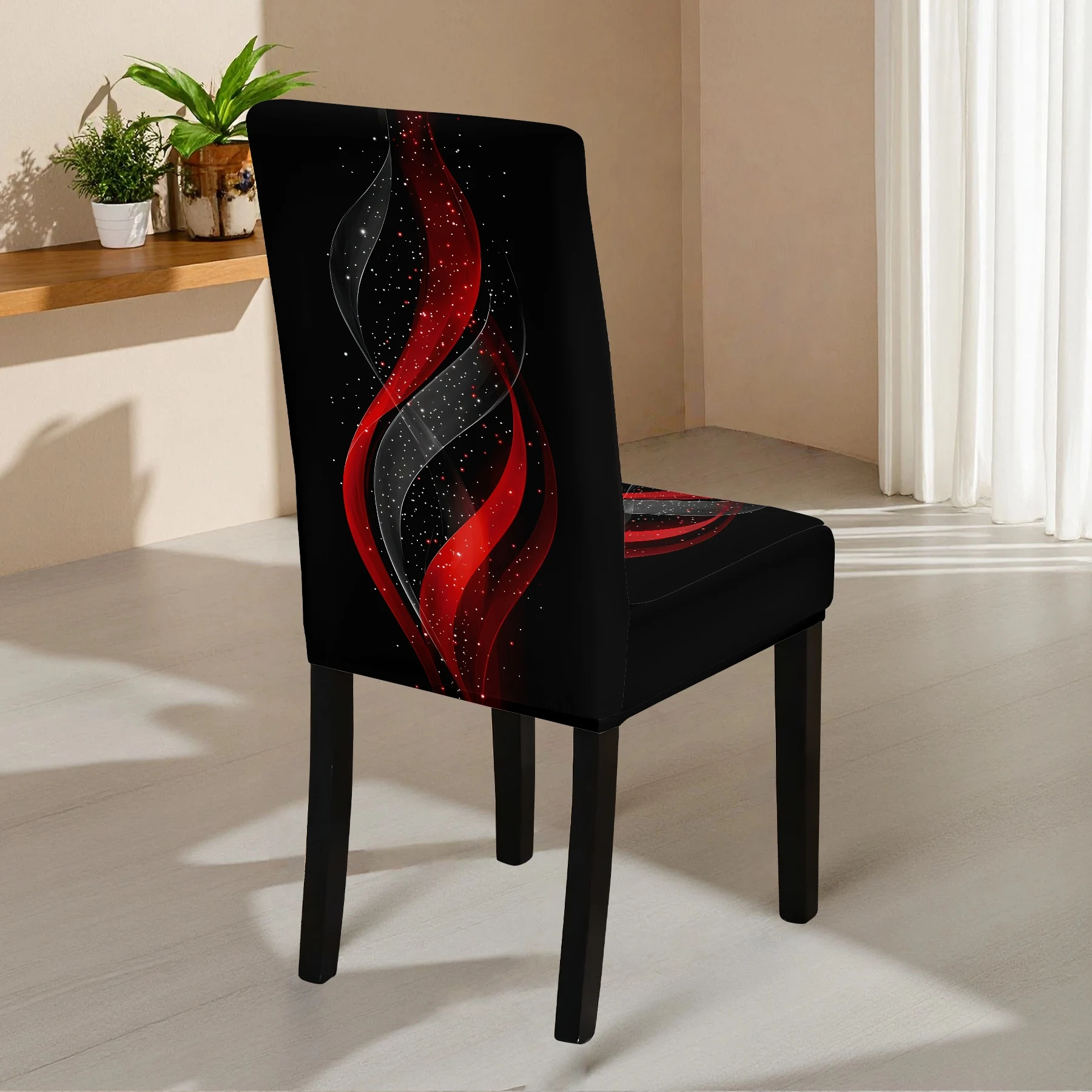 2026 New Elastic Full - Coverage Chair Cover, Black with Red & Black Swirl Pattern, Washable & Fade - R