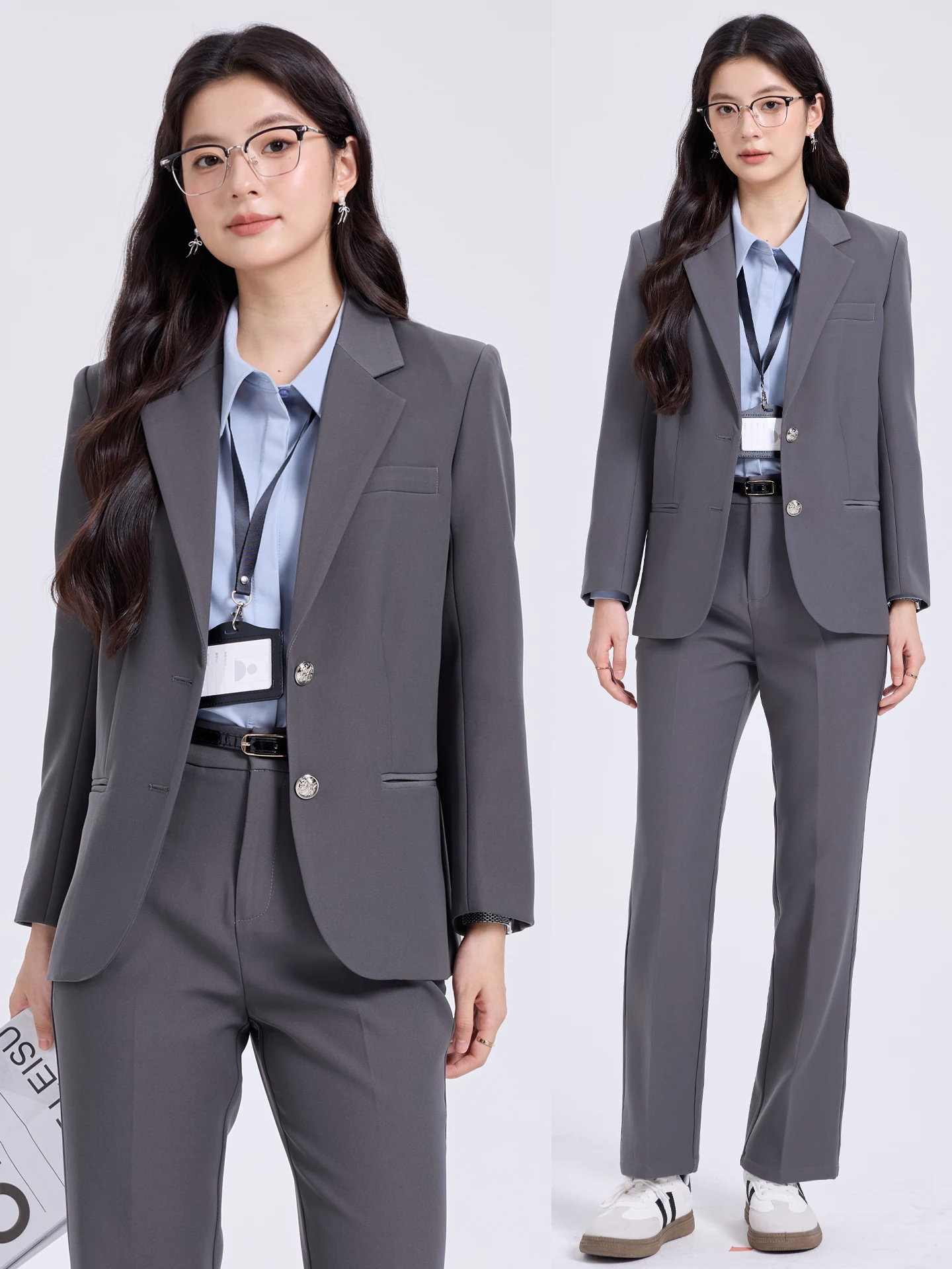 Gray Casual Suit Set Women's Loose plus Size Autumn Small Girls High-End Feeling Female  Jacket Casual Style Polyester ...