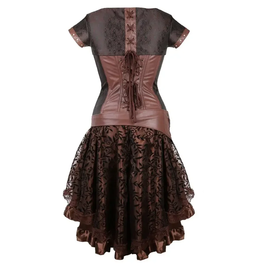 Steampunk Gothic Vintage Faux Leather Corset Top Burlesque Bustier Lingerie Asymmencal Floral Lace Skirt Women Sexy Corset Dress